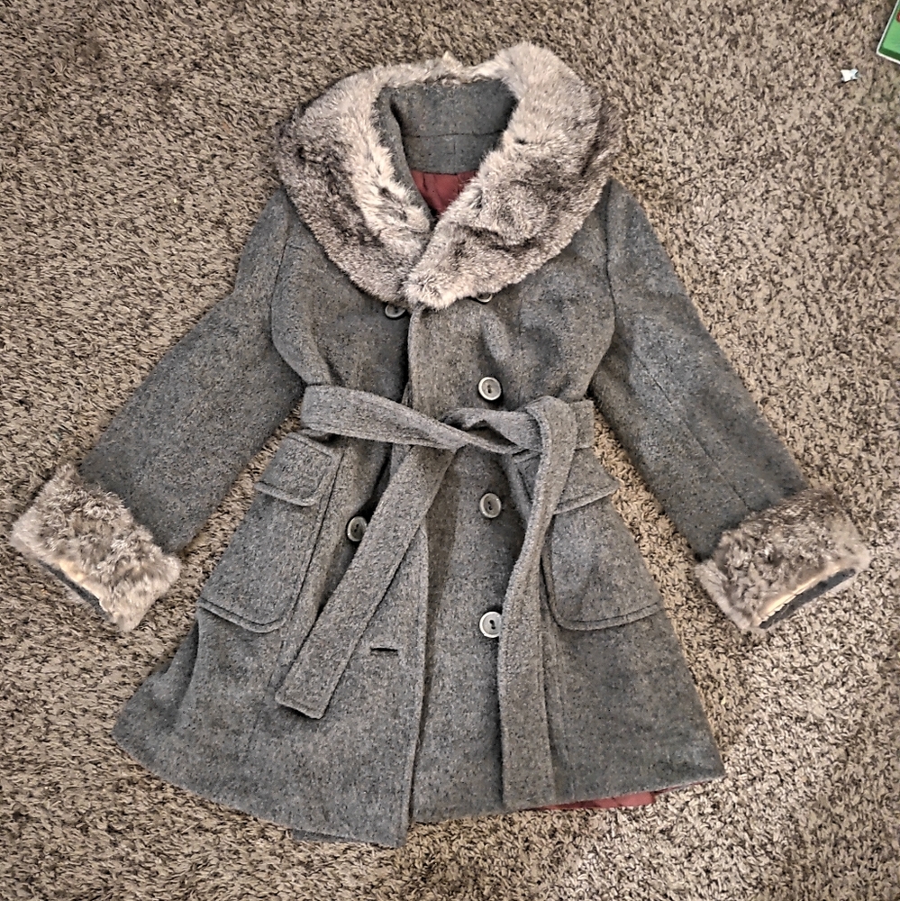 Vintage Gray Fur Trimmed Wool Coat